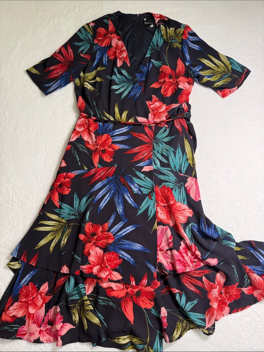 Maison Tara Black Wrap Midi Dress with Red & Teal Floral Print